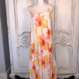 Free People Linen Blend Sherbet Color Florals on White Multi Tiered Dress S/XS